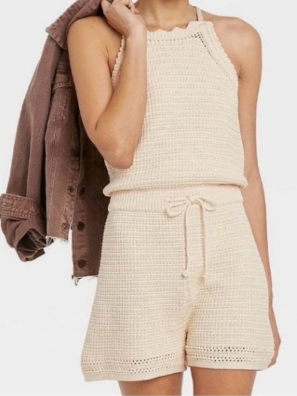 Universal Thread Cream Sleeveless Knit Crochet Romper